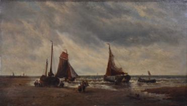 Daniel H Winder, Fishing boats and figures on a beach,