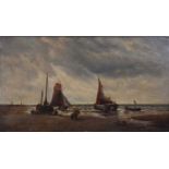 Daniel H Winder, Fishing boats and figures on a beach,