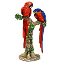 Cast and coloured resin floor-standing sculpture of Tropical Parrots