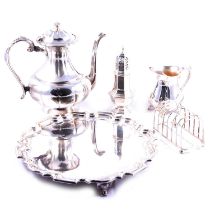 Electroplated circular salver; plated sugar caster; plated tea and coffee ware; condiments.