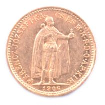 A gold 10 Corona Austro-Hungarian coin, Franz Joseph I, 1906