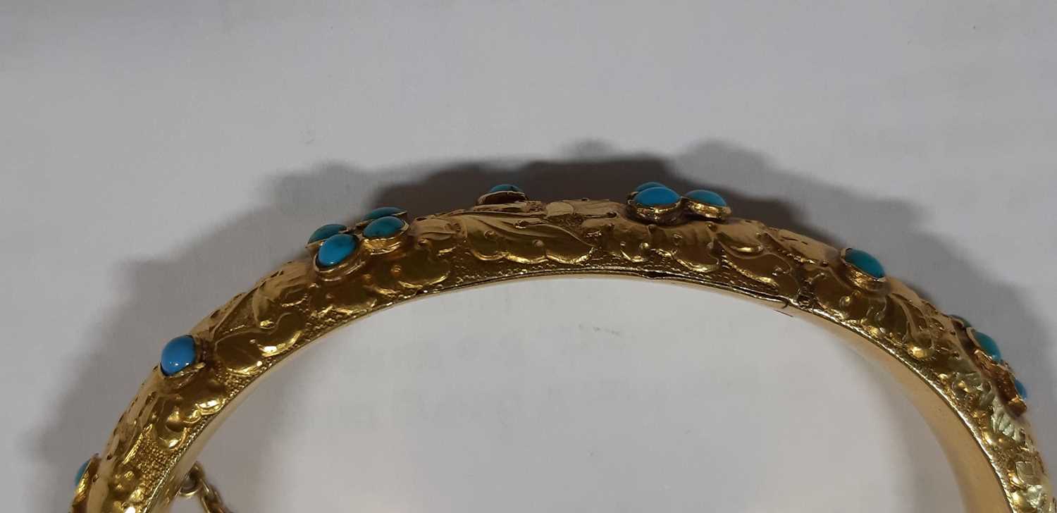 A Victorian yellow metal and turquoise half hinged bangle. - Image 6 of 6