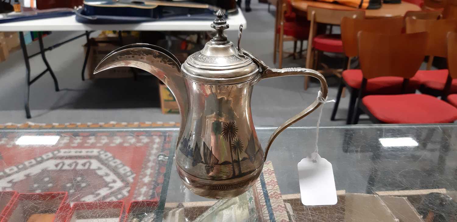 Egyptian / Iraqi niello and white metal coffee pot, and similar jar. - Image 2 of 13