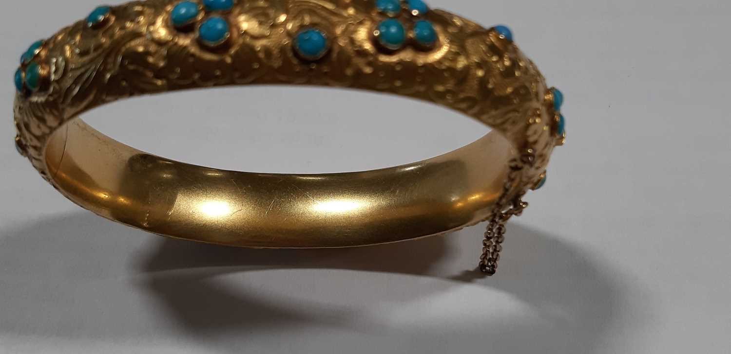 A Victorian yellow metal and turquoise half hinged bangle. - Image 3 of 6