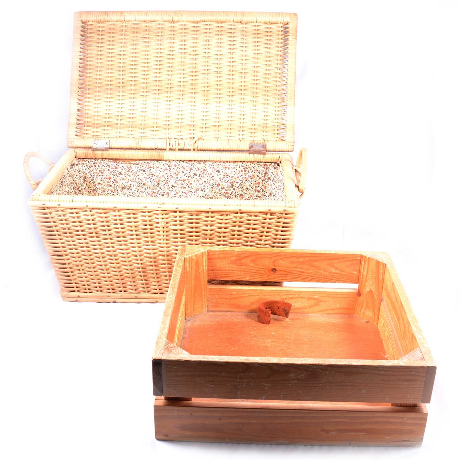 Three Wicker baskets & two wooden crates