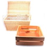 Three Wicker baskets & two wooden crates