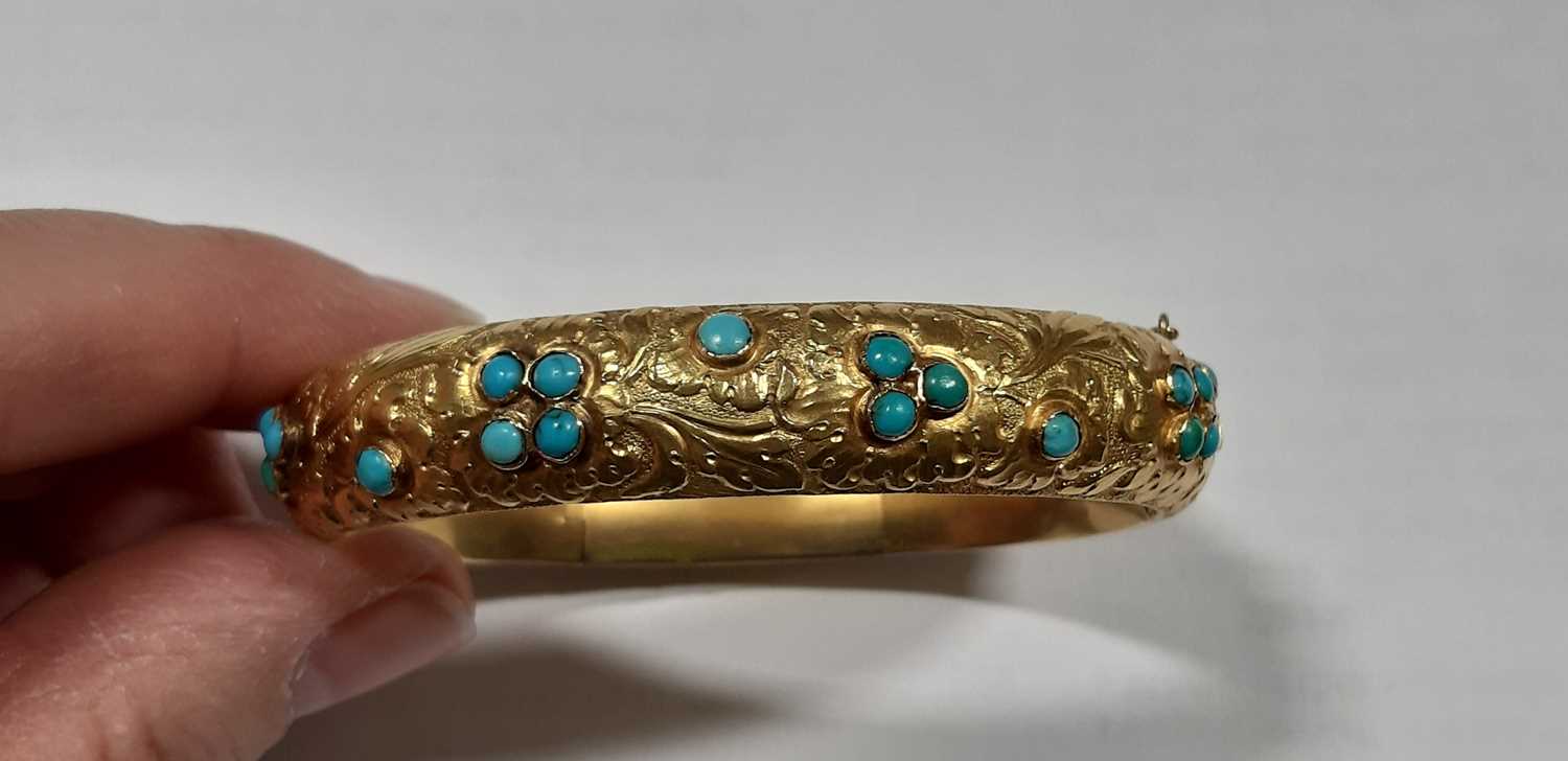 A Victorian yellow metal and turquoise half hinged bangle. - Image 4 of 6