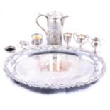 Silver plated tray, hot water jug and trophy condiments,