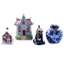 Collection of decorative ceramics including ginger jars and Coalport cottages