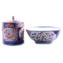Large Imari cylindrical jar and cover, and an Arita style rose bowl