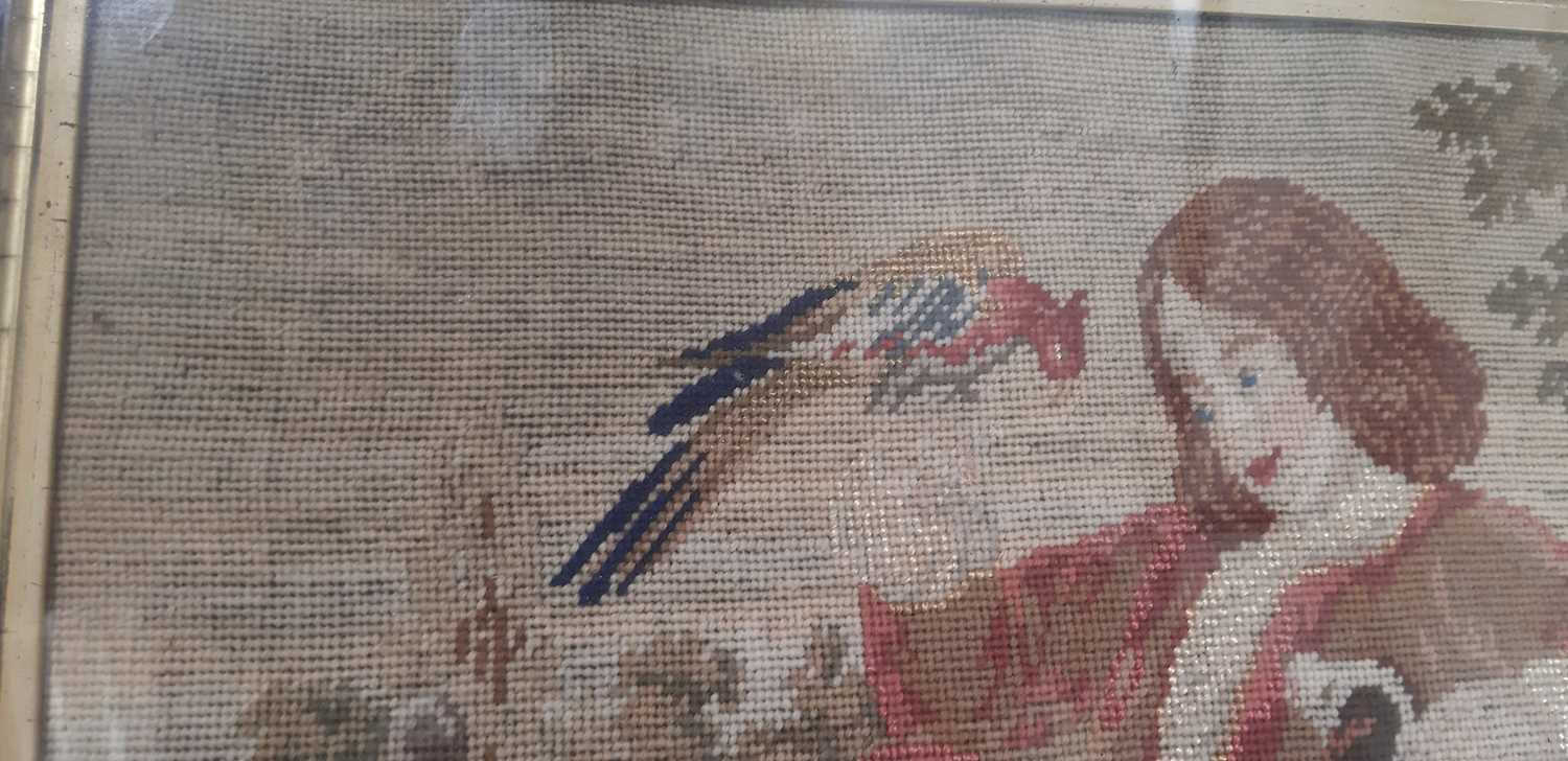 Georgian needlework panel of a boy in a garden with a spaniel and bird - Image 5 of 5