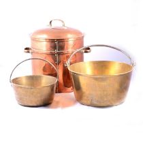 Arts & Crafts style copper log bin and two brass jam pans,