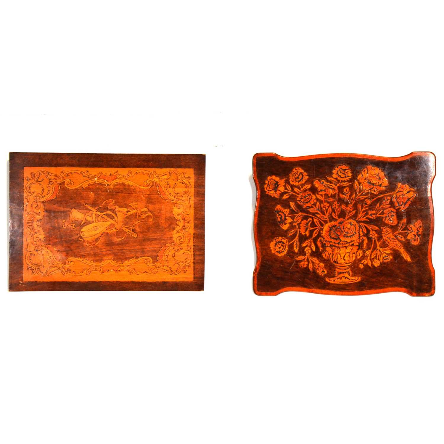 Marquetry panel, and a pokerwork panel,