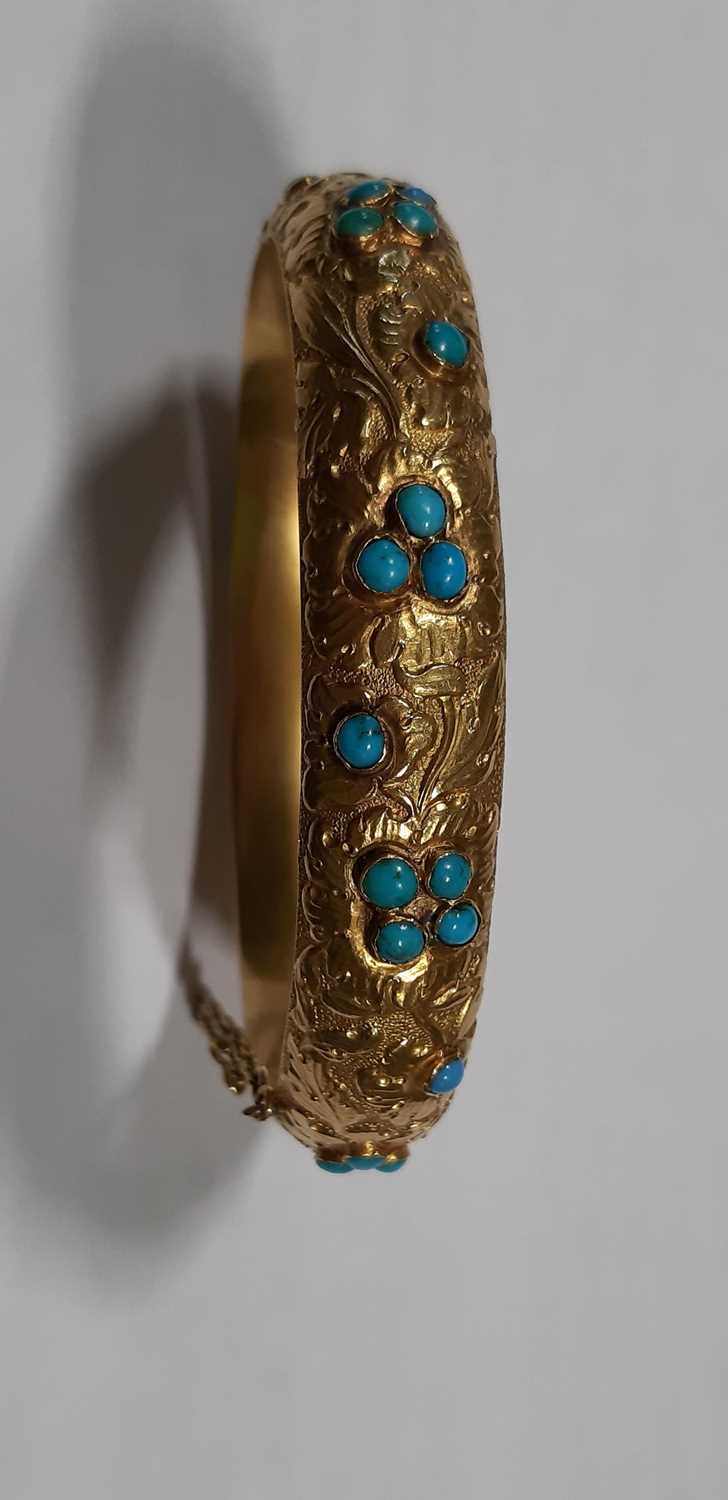 A Victorian yellow metal and turquoise half hinged bangle. - Image 2 of 6