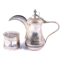 Egyptian / Iraqi niello and white metal coffee pot, and similar jar.