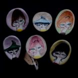 Set of six ceramic buttons with painted portraits, Italian, 1960's,