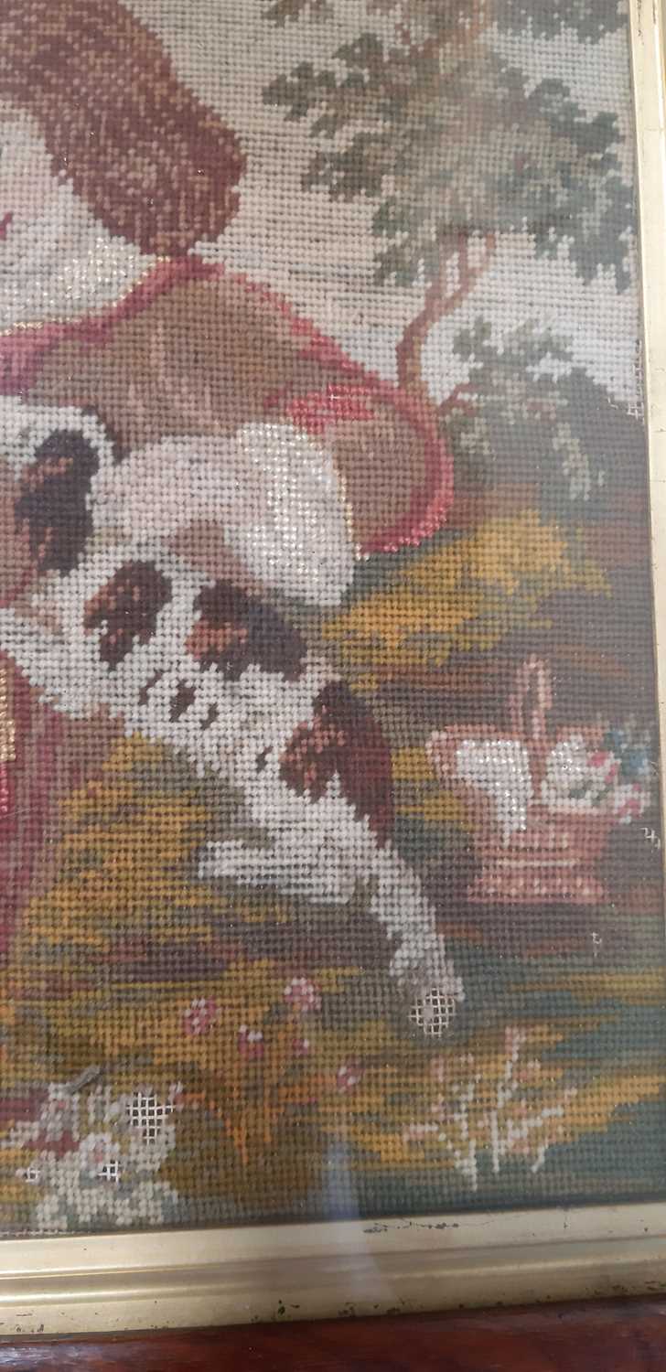 Georgian needlework panel of a boy in a garden with a spaniel and bird - Image 3 of 5