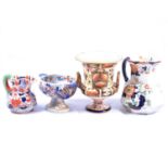 Masons Ironstone jugs, a pedestal tureen, and restored Crown Derby Campagna vase