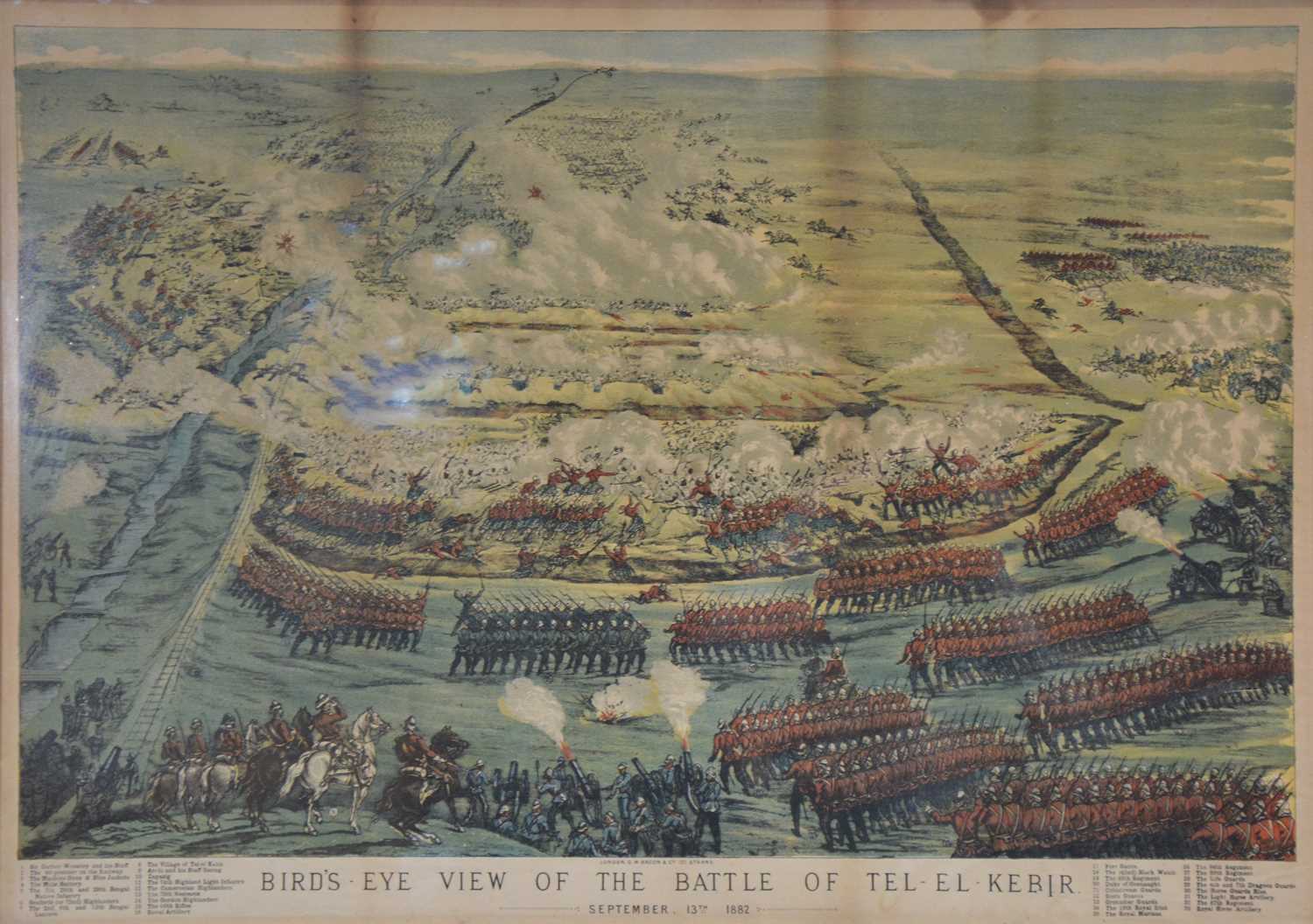 Victorian chromolithograph, Birds-eye View of The Battle of Tel-el-Kabir, 1882,