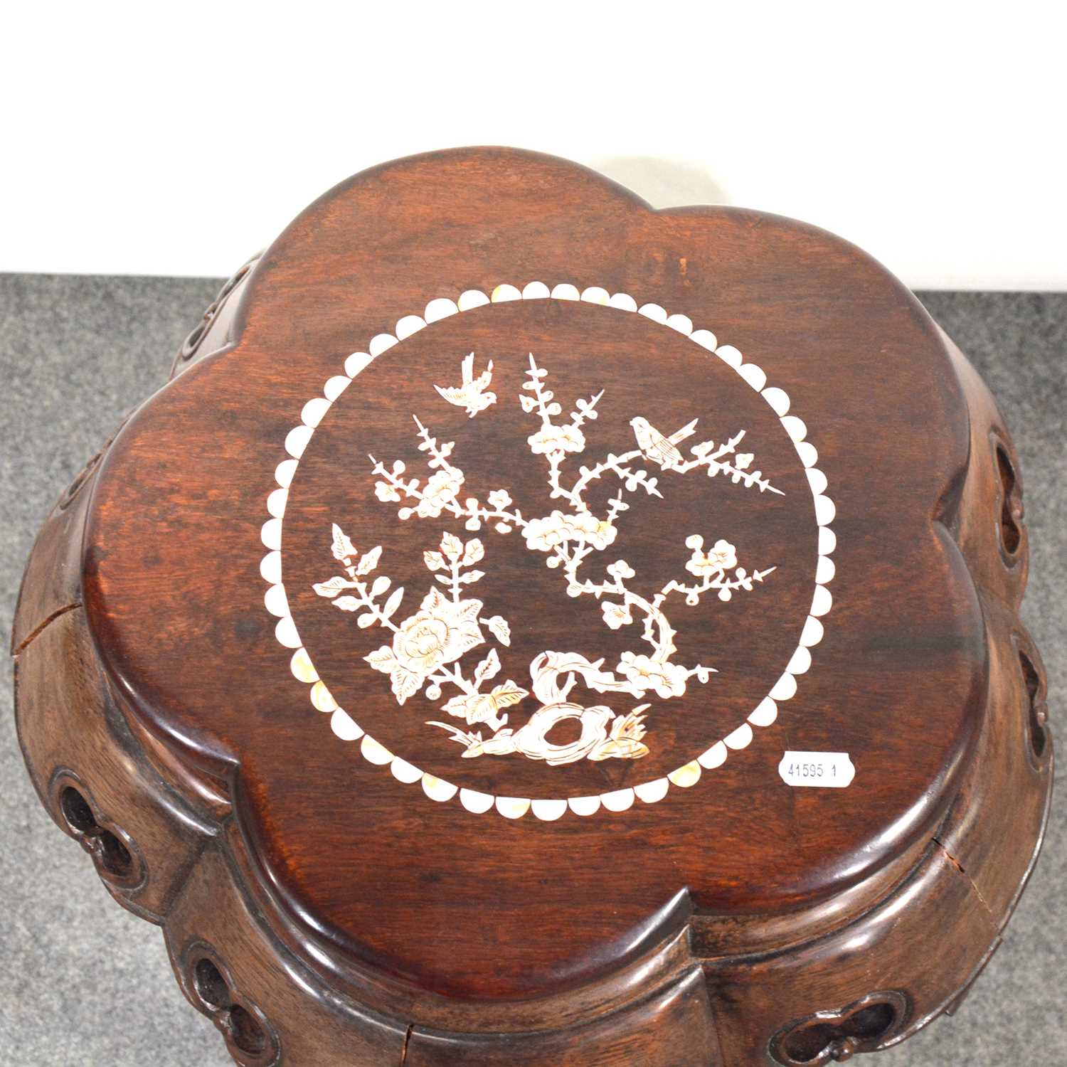 Nest of three Chinese hardwood tables, mother of pearl inlaid, and a barrel seat, - Image 4 of 4