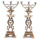 Pair of cast brass Chinese three-light candelabra
