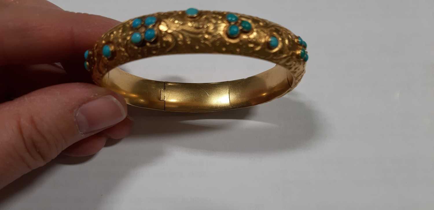 A Victorian yellow metal and turquoise half hinged bangle. - Image 5 of 6