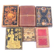 Tunbridge inlaid card case, four other card cases and a lacquered panel,