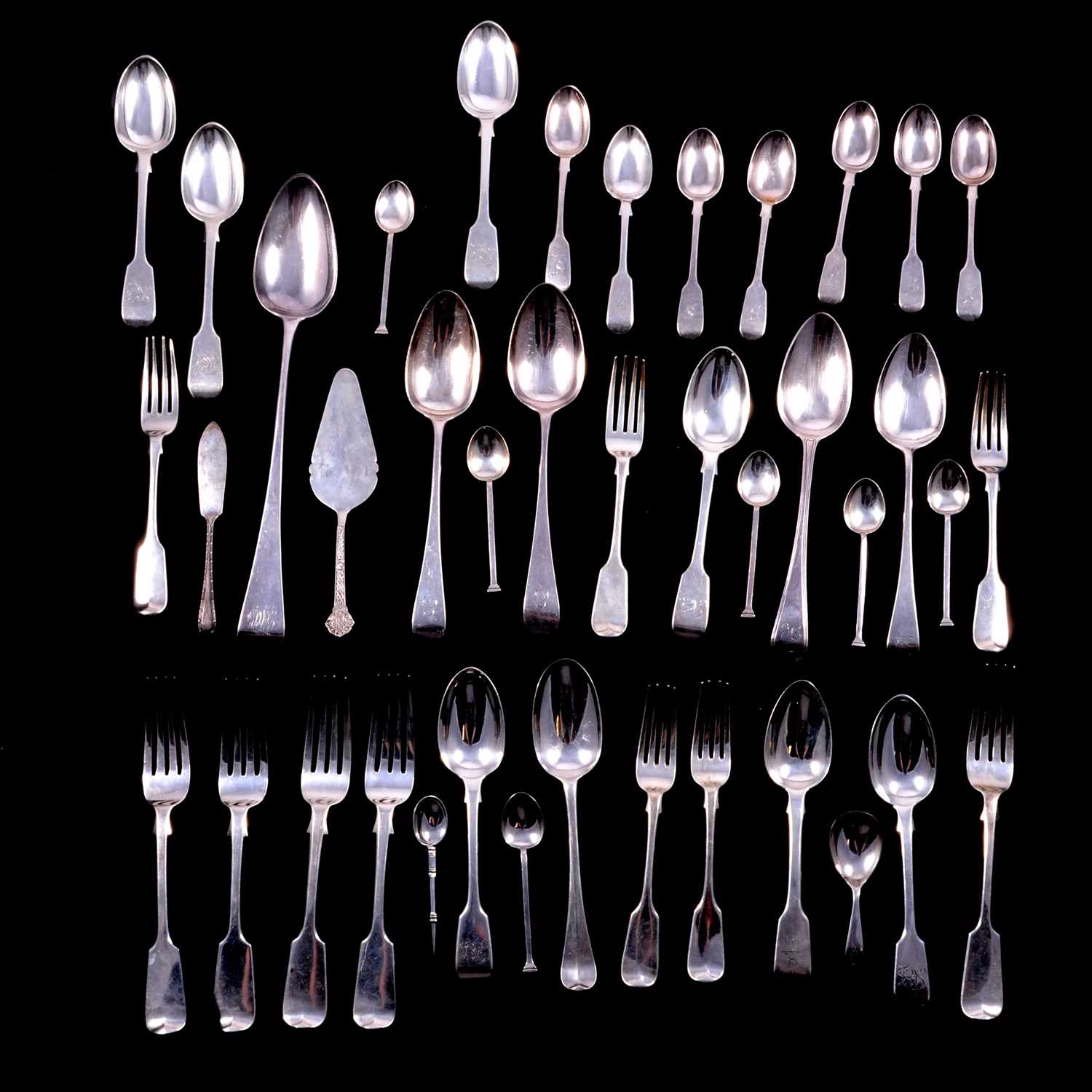 George I silver tablespoon, M*?, London 1717, and other Georgian and later flatware.