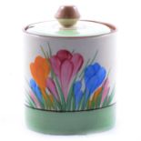 Clarice Cliff, a ‘Spring Crocus’ Drum shaped preserve pot and cover