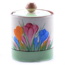 Clarice Cliff, a ‘Spring Crocus’ Drum shaped preserve pot and cover