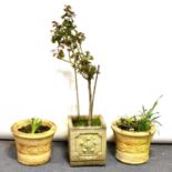 Pair of reconstituted stone circular garden planters, and a square planter,