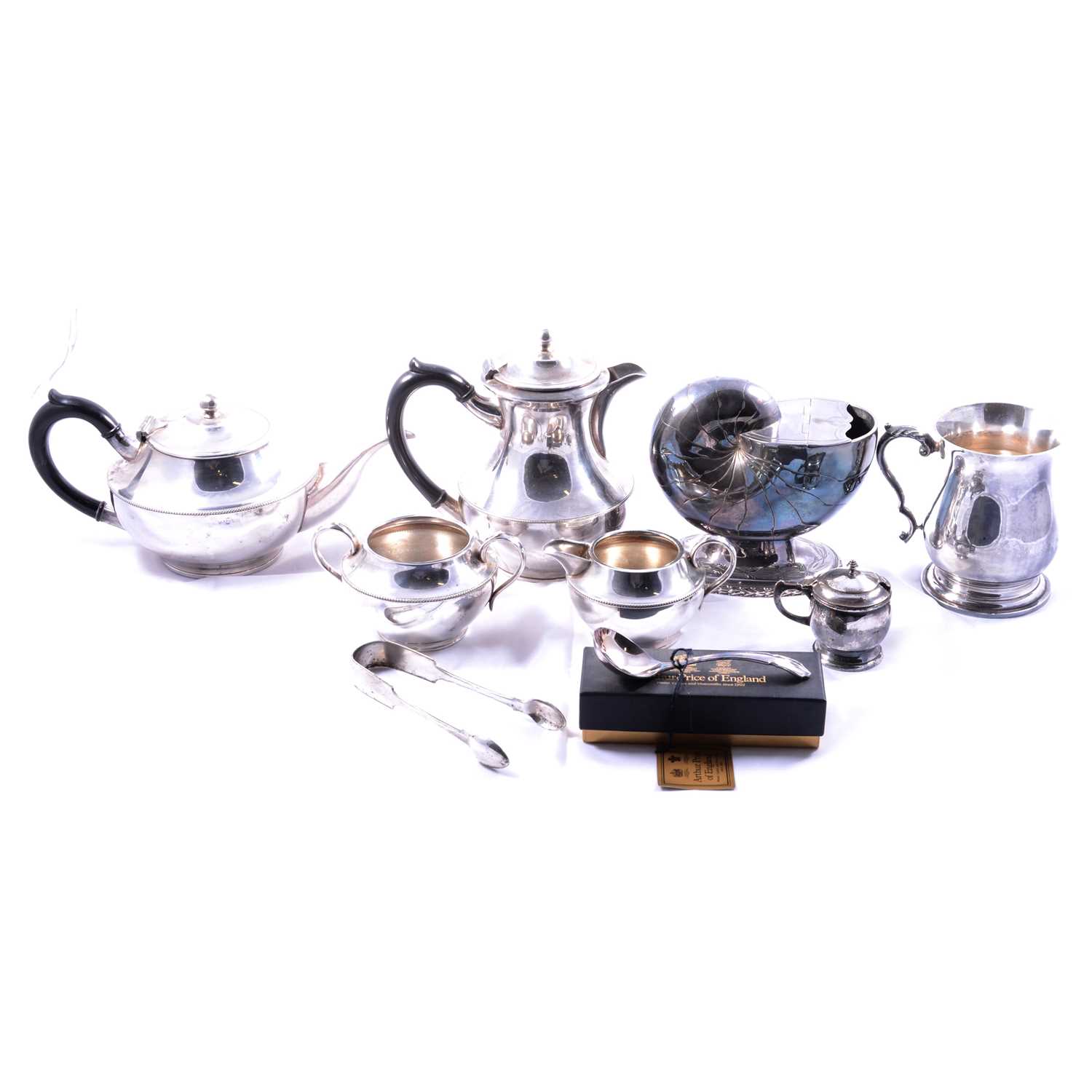 Silver plated tea set, spoon warmer, tankard, etc.,