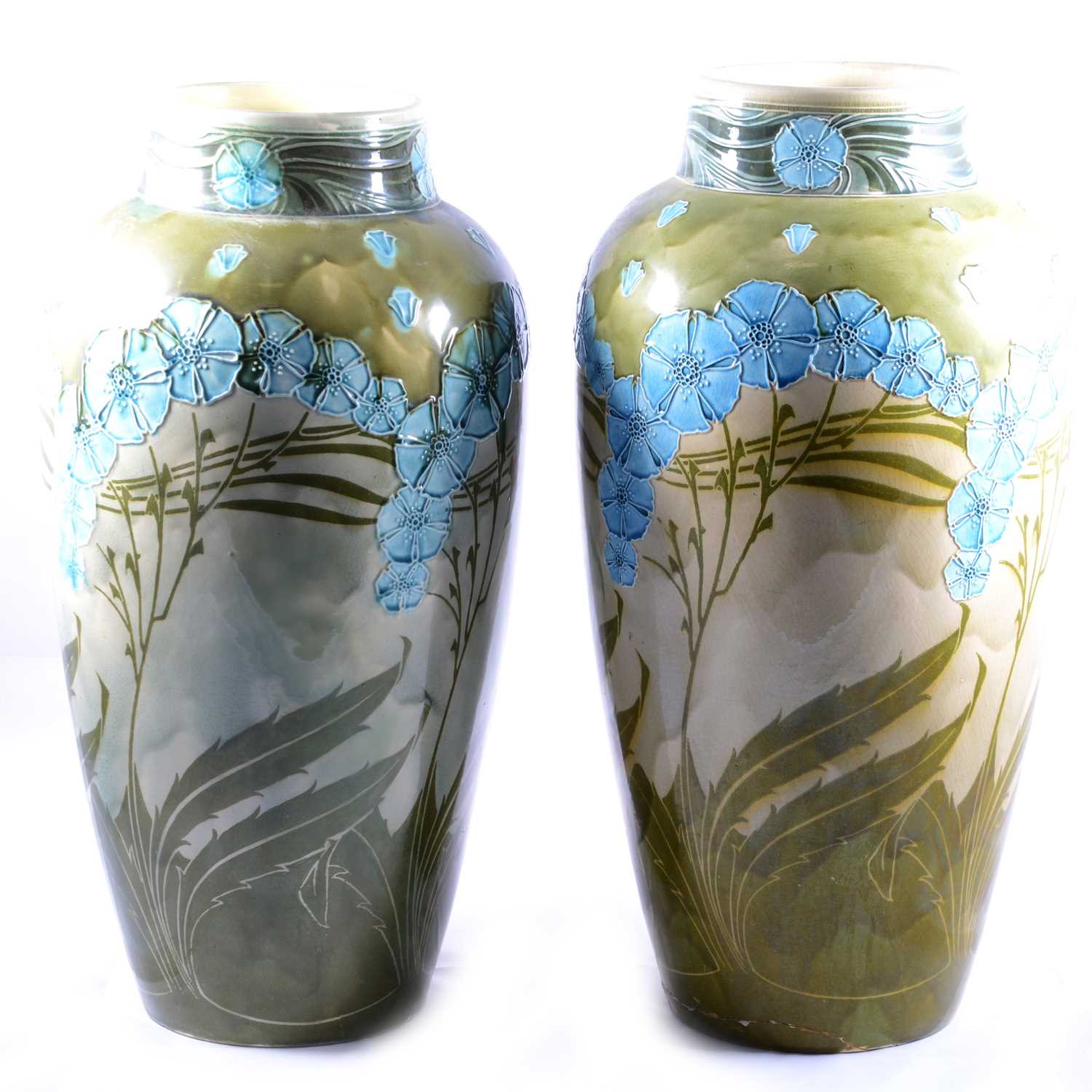 Pair of large Minton Secessionist pottery vases designed by Leon Solon and John Wadsworth