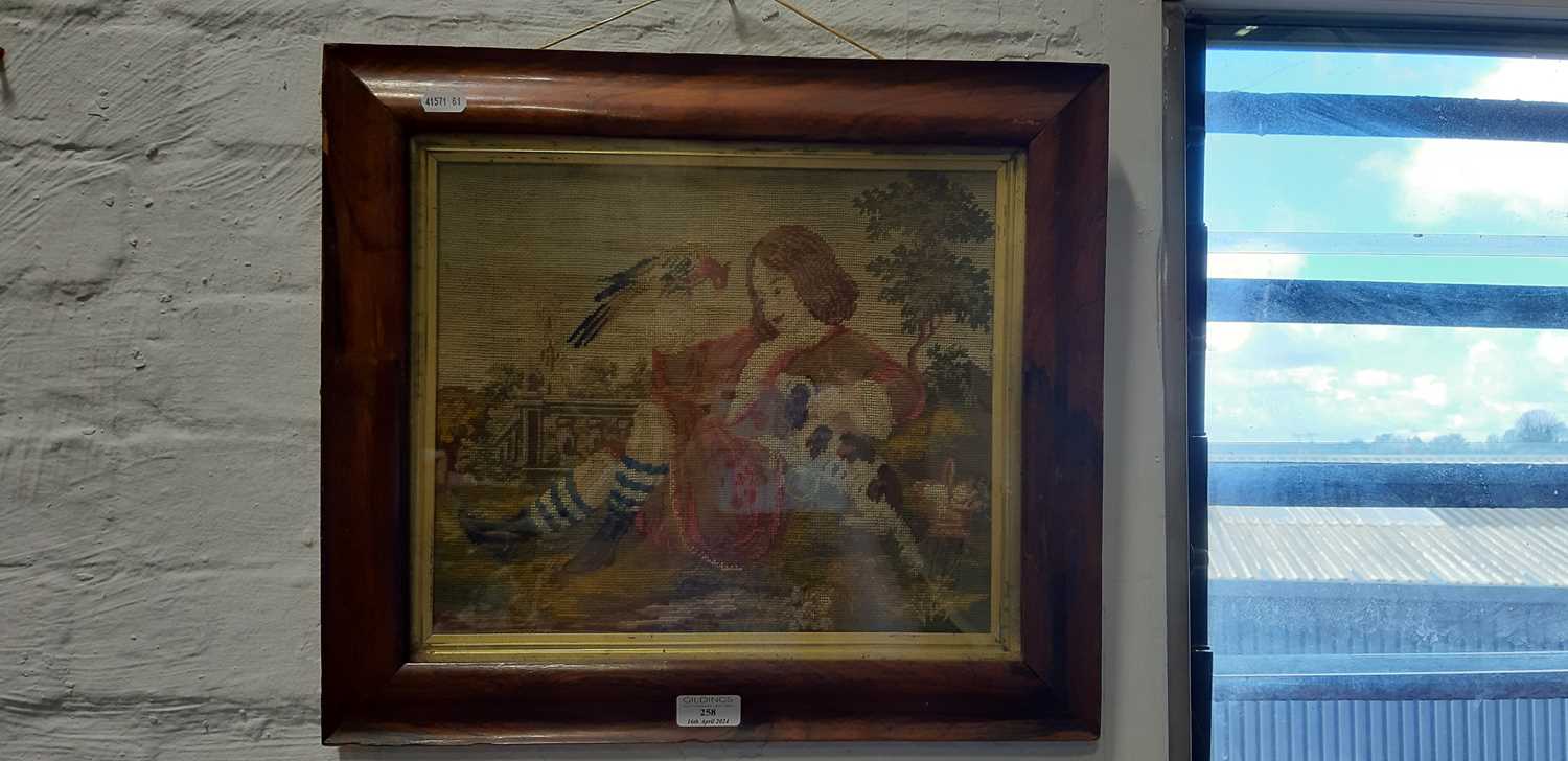 Georgian needlework panel of a boy in a garden with a spaniel and bird - Image 2 of 5