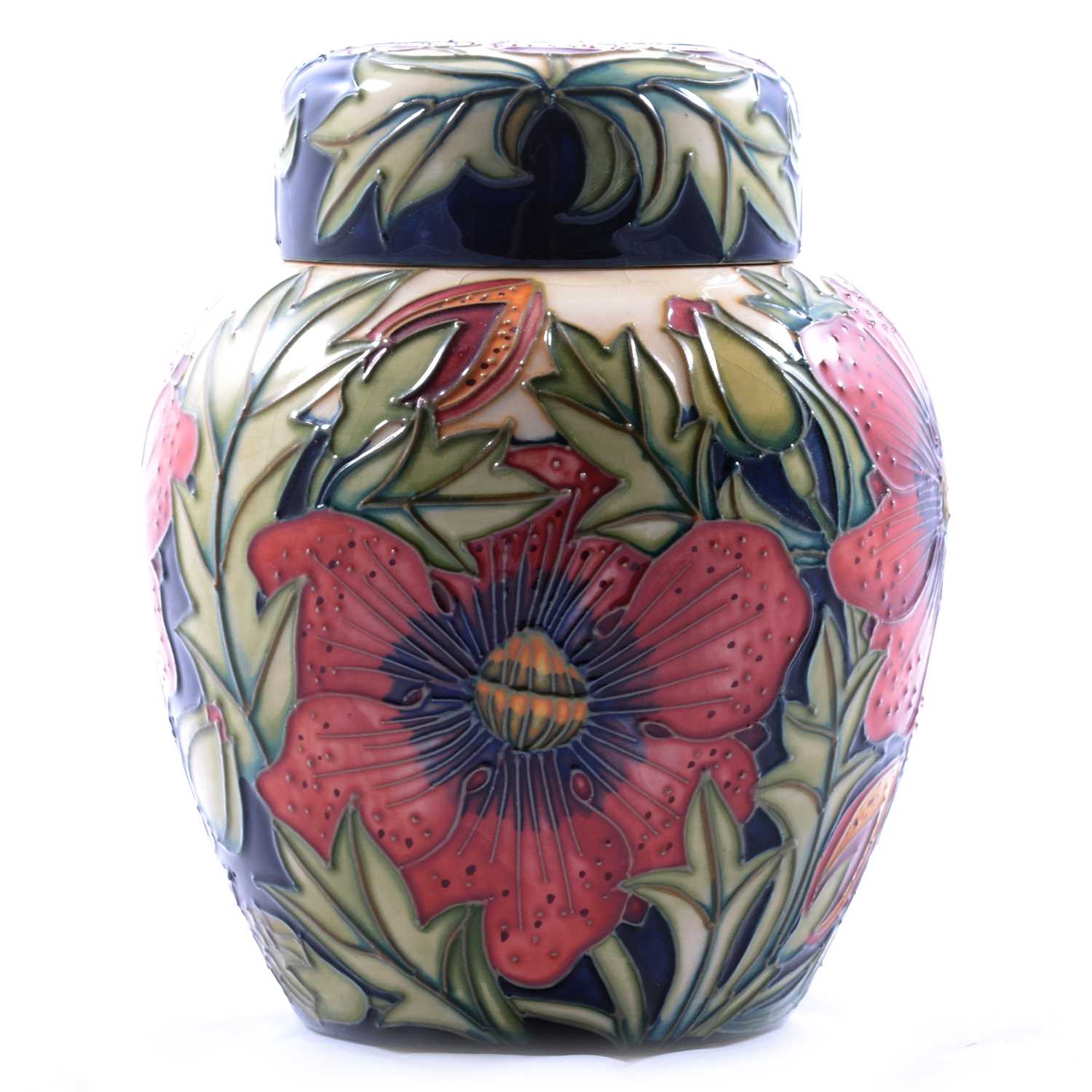 Shirley Hayes for Moorcroft Pottery, a large 'Pheasants Eye' pattern ginger jar and cover