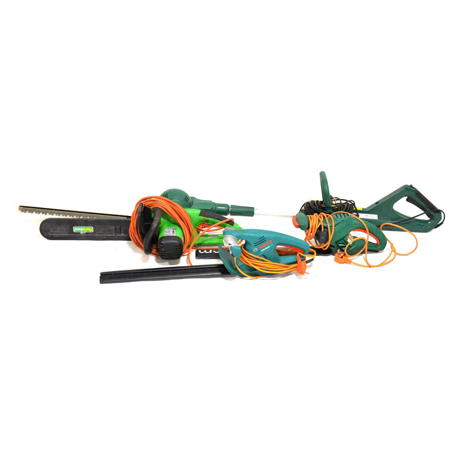 Florabest electric chainsaw, various hedge cutters and a blower.