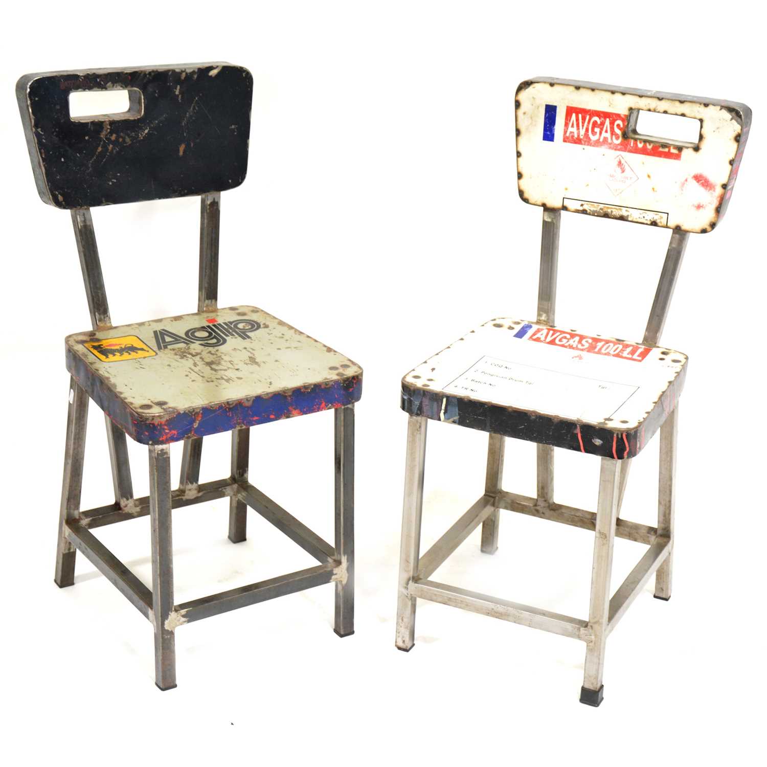 Pair of modern "industrial" metal chairs, with motorsport decals