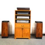 Bang & Olufsen three-piece sound system, in an oak stereo cabinet