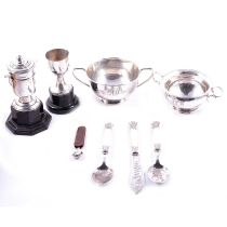 Silver twin-handled bowl, K&L, Birmingham 1928, other small silver items, medals and coins.