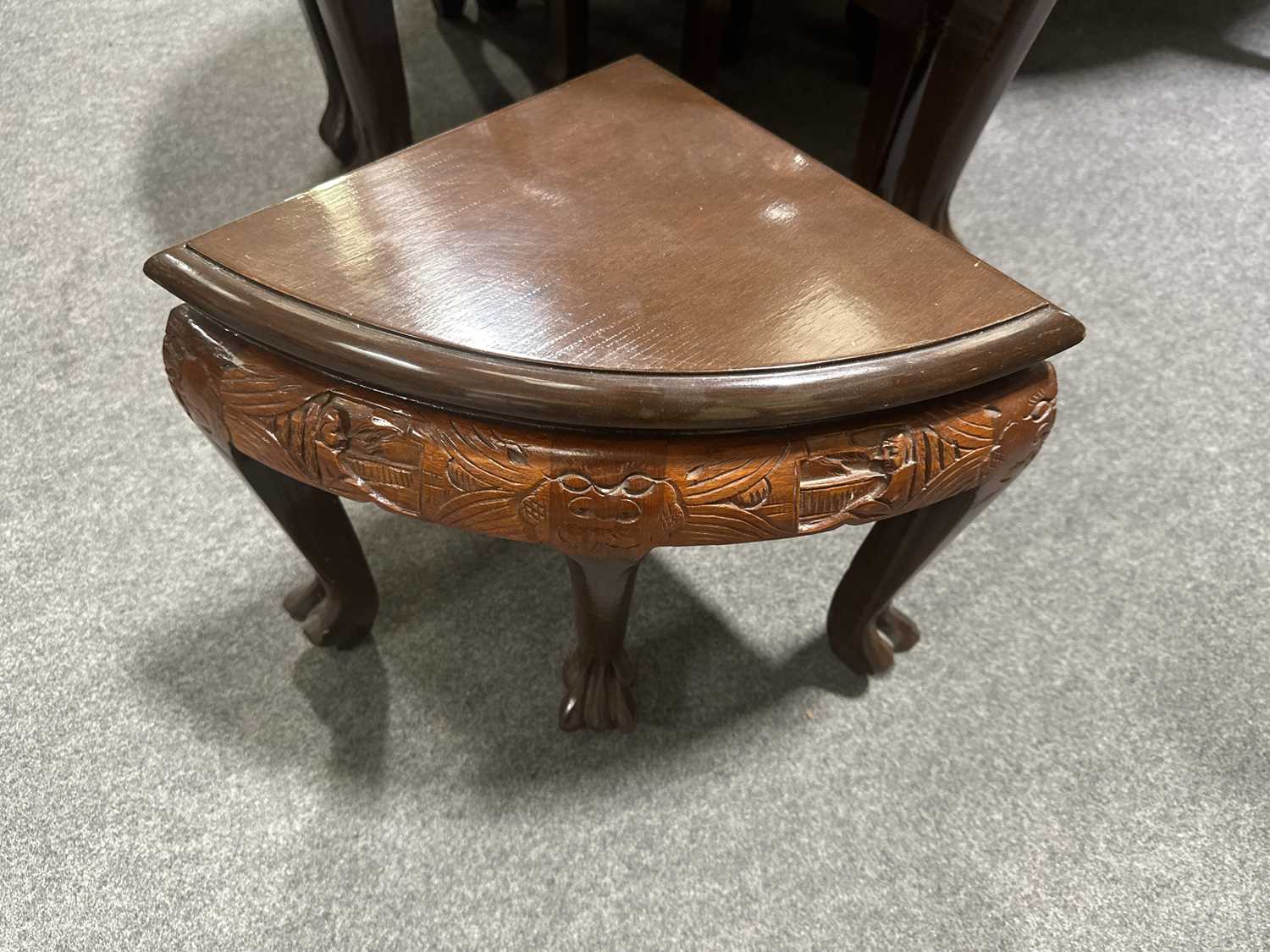 Chinese carved wood table and four nesting stools. - Image 3 of 6