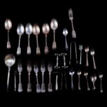 Victorian silver serving spoon, Francis Higgins III, London 1883, and other flatware.