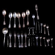 Victorian silver serving spoon, Francis Higgins III, London 1883, and other flatware.