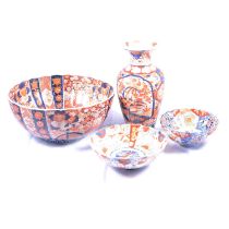 Large Imari pattern rose bowl, dishes, and a vase