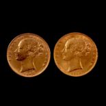 Two Gold Full Sovereign coins, Victoria Young Head 1862/1868, shield backs.