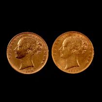 Two Gold Full Sovereign coins, Victoria Young Head 1862/1868, shield backs.