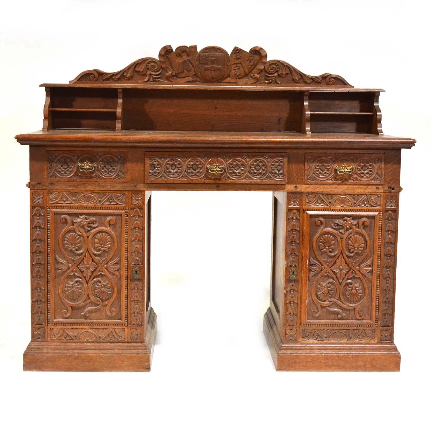 Victorian carved oak pedestal desk