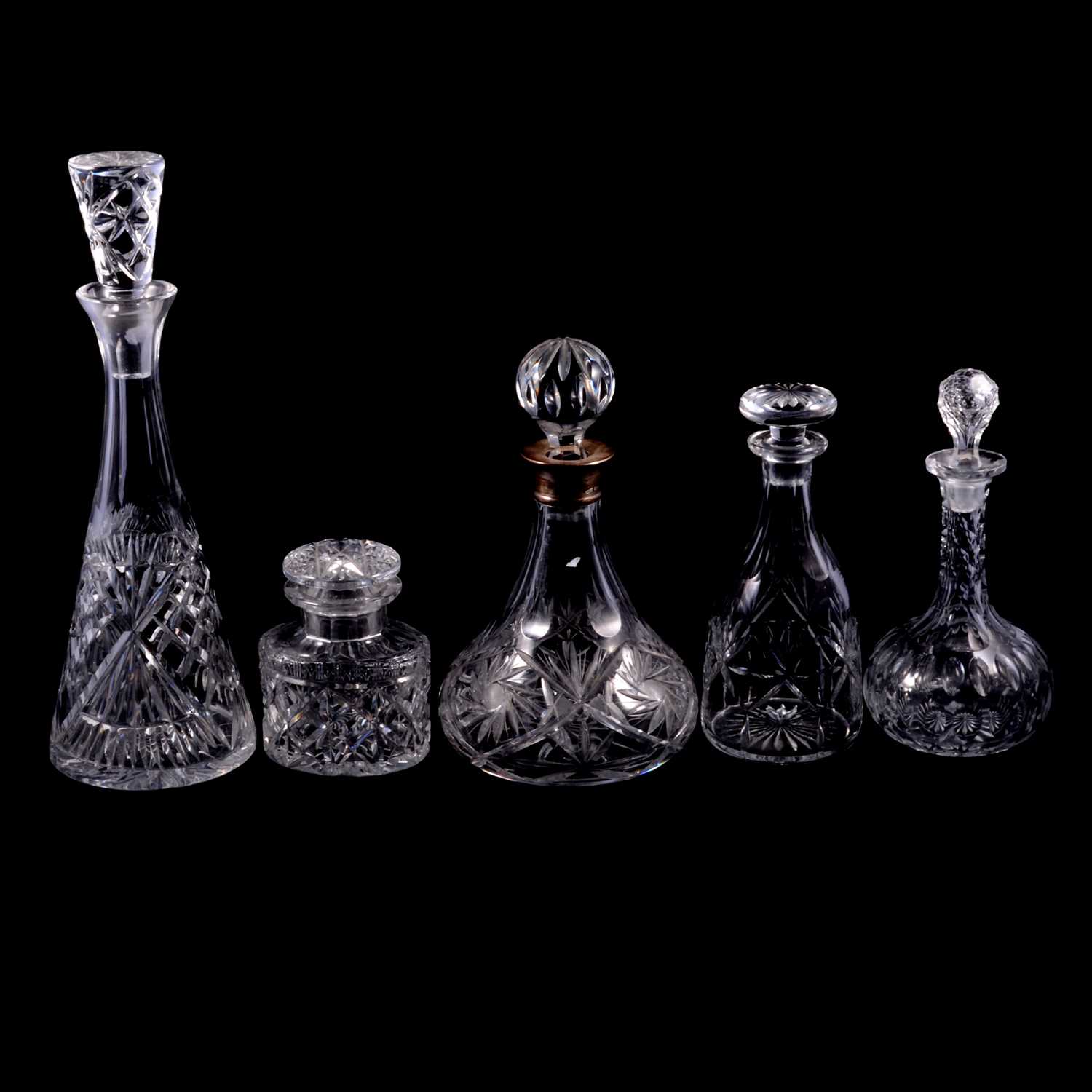 Silver-mounted cut glass decanter, and other decanters