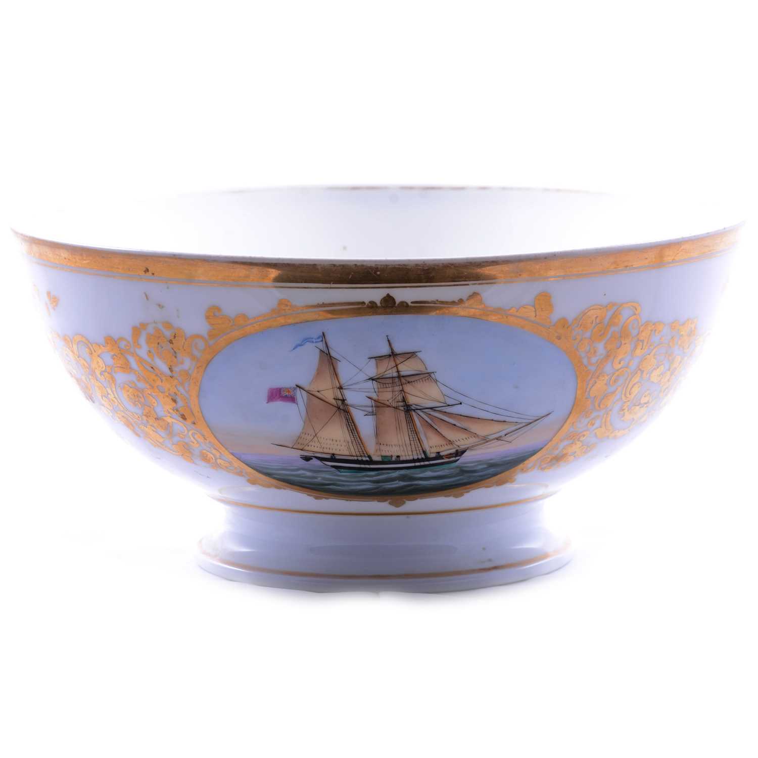 French porcelain rose bowl, painted reserve of a British Schooner
