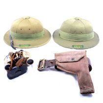 WWII binoculars, compass, pith helmets, etc.