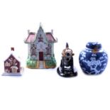 Collection of decorative ceramics including ginger jars and Coalport cottages